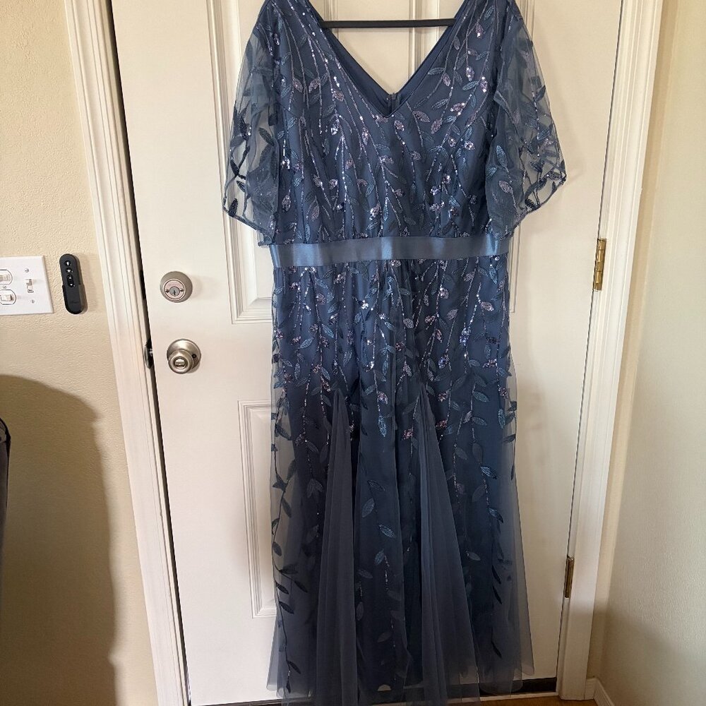 V-Neck Dusty Blue Embroidered Wedding Guest Dress